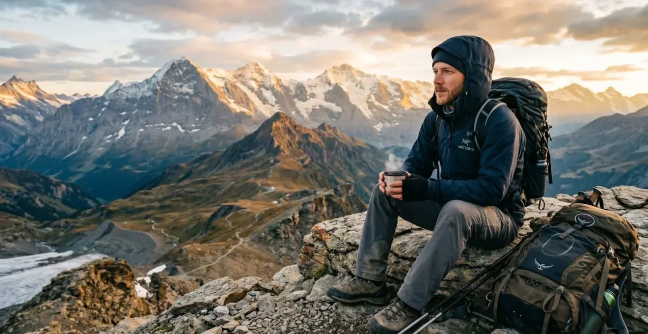 Randonneur alpin buvant une tasse de thé chaud au sommet après un effort soutenu