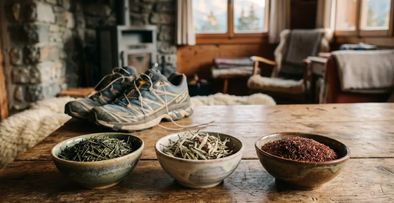 Sélection de thés en vrac bio disposés sur une table en bois avec équipement sportif en arrière-plan