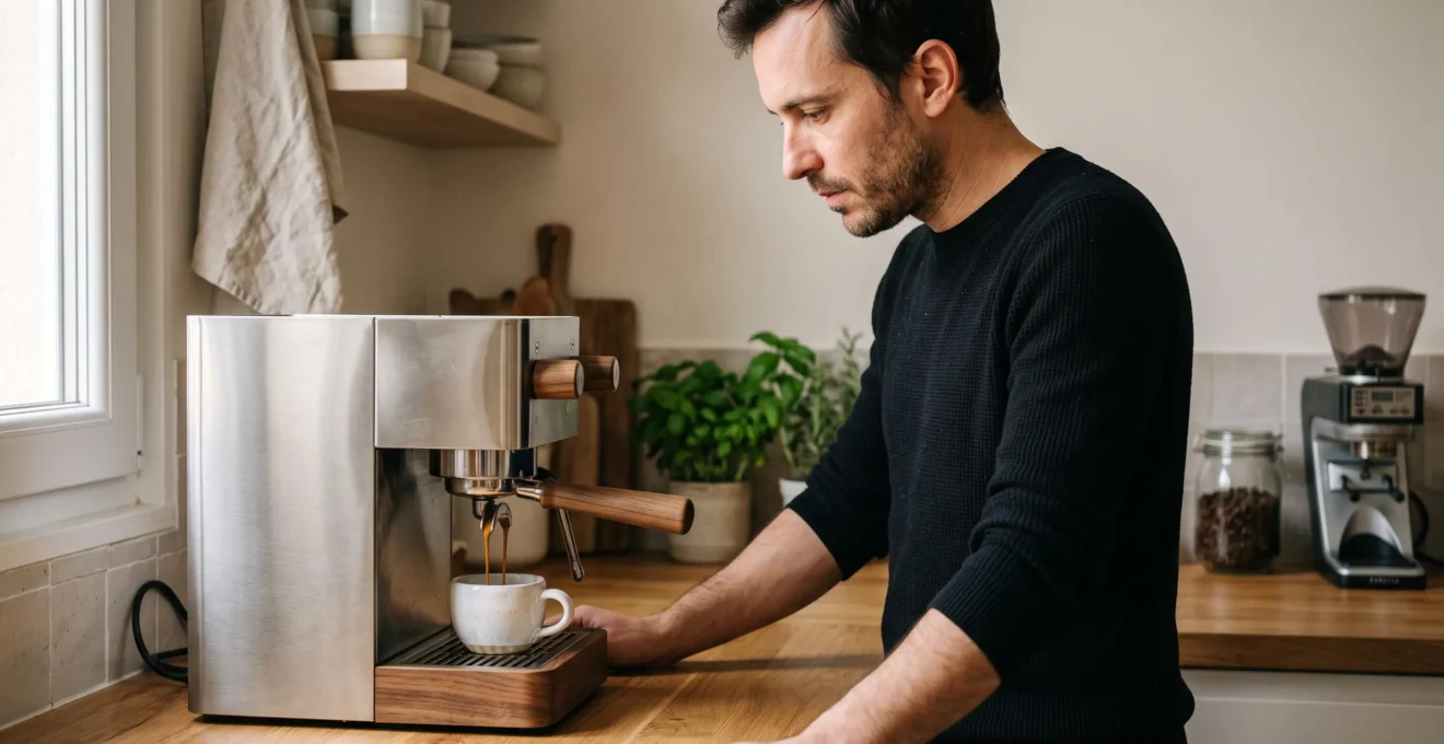 Extraction d'expresso en cours depuis une machine domestique vers une tasse blanche, personne observant le processus dans une cuisine moderne