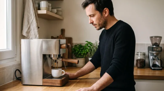 Extraction d'expresso en cours depuis une machine domestique vers une tasse blanche, personne observant le processus dans une cuisine moderne