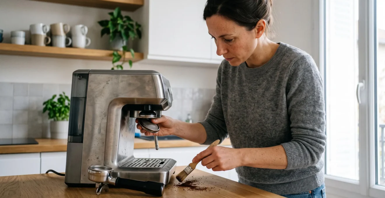 Person cleaning the group head of a home espresso machine with a brush, portafilter removed on the countertop