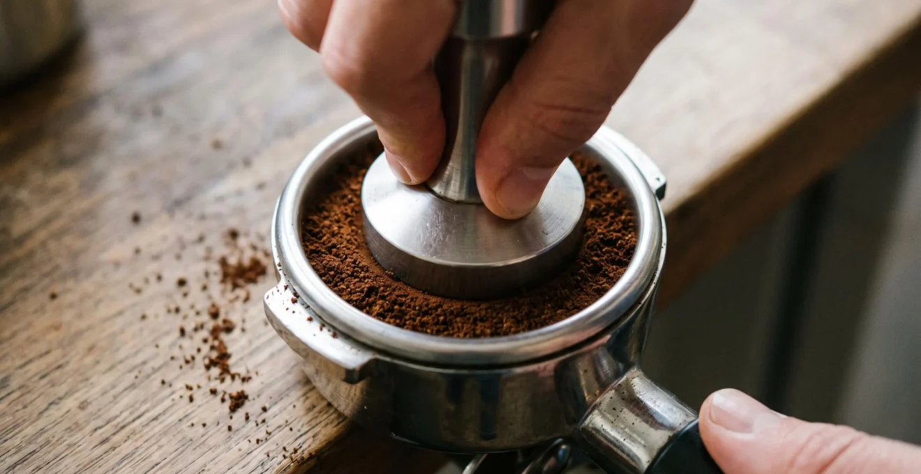 Main pressant un tamper dans le café moulu d'un porte-filtre sur un plan de travail de cuisine