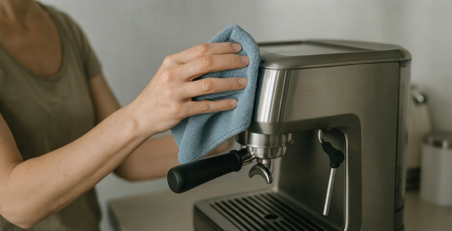 Person cleaning the group head of a home espresso machine with a brush, portafilter removed on the countertop